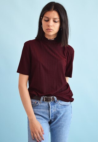 90'S RETRO FESTIVAL BURGUNDY STRIPED GRUNGE OVERSIZED TOP