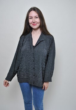 Abstract pattern blouse, oversize dark grey button up shirt
