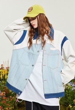 Two color denim jacket reworked jean bomber in blue white