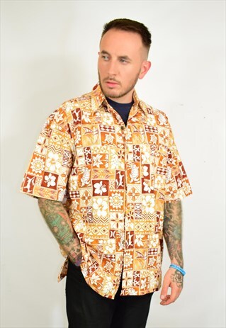 VINTAGE 90S ORANGE TROPICAL HAWAIIAN FESTIVAL SHIRT