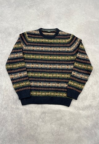 VINTAGE KNITTED JUMPER ABSTRACT PATTERNED GRANDAD SWEATER