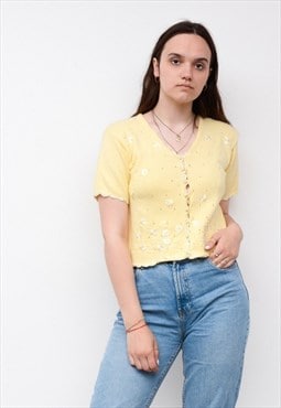 Vintage S Crop Crochet Knitted Top Romantic Yellow Blouse