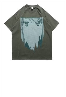 Anime print t-shirt Korean cartoon tee grunge top in grey