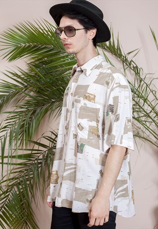 MENS VINTAGE SHORT SLEEVE, ABSTRACT PRINT, BUTTON UP SHIRT