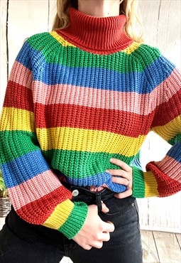 Vintage Rainbow Striped Knitted Y2K Polo Neck Jumper