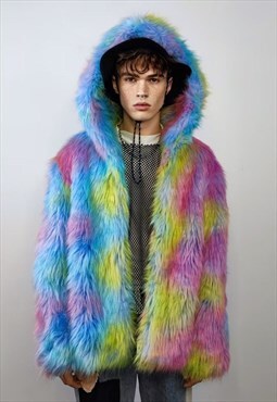 Hooded rainbow faux fur jacket unicorn bomber neon rave coat