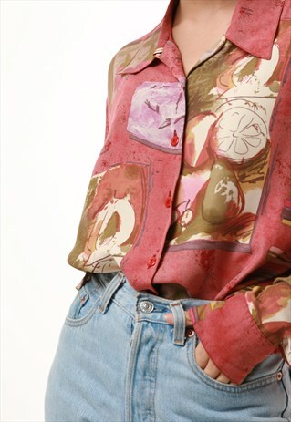 80S ABSTARCT MULTICOLOR PATTERN BLOUSE VINTAGE SHIRT 1092