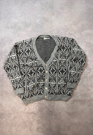 VINTAGE ABSTRACT KNITTED CARDIGAN PATTERNED GRANDAD SWEATER