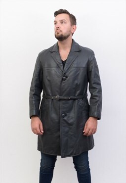 Vintage men's M Jacket Leather Rain Trench Coat Belted 70s
