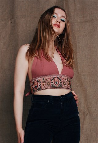 DUSKY PINK LINEN HALTERNECK WITH INDIAN EMBELLISHMENT