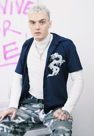 VINTAGE Y2K DRAGON PRINT SHIRT NAVY