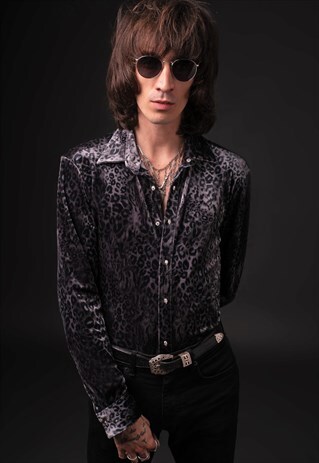 MENS GREY/BLACK LEOPARD PRINT SKULL BUTTON VELVET SHIRT