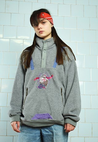 VINTAGE 80S OVERSIZE SPORTS FLEECE JUMPER PULLOVER 1/4 ZIP