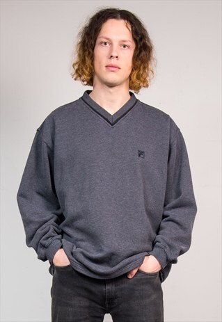 VINTAGE 90'S FILA V-NECK GREY SWEATSHIRT JUMPER