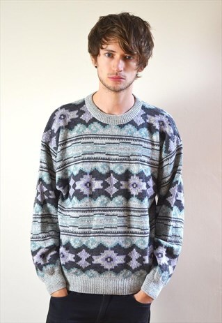 80S VINTAGE GREY AZTEC PATTERN KNIT JUMPER