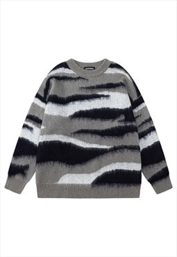 Camo print sweater fluffy military jumper knitted stripe top