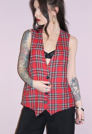 90S VINTAGE FESTIVAL PUNK GRUNGE RED TARTAN WAISTCOAT