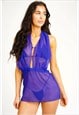 BLUE SHEER FRONT RINGLET HALTERNECK SEE THROUGH SHORT DRESS