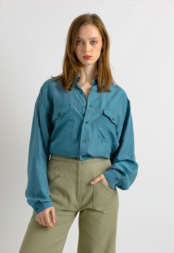 1980 80s Vintage Unisex Man Silk Blouse Medium 7302