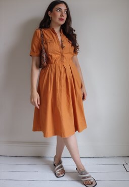 Vintage 80s Shirt Dress in Orange - UK 12