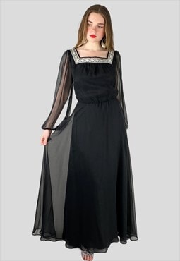 70's Vintage Ladies Dress Bell Sleeve Black Sheer Lurex Midi