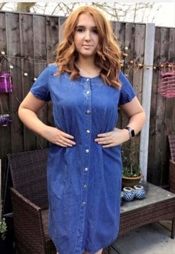 Chambray denim effect embroidered top midi 80s dress