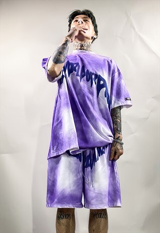 GRADIENT TIE-DYE T-SHIRT SPORTS SLOGAN TOP IN FADED PURPLE