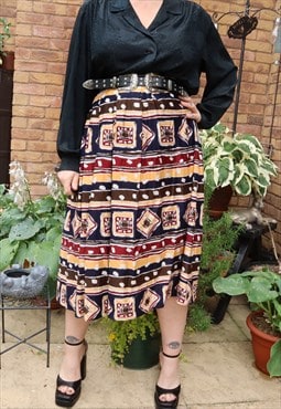 Vintage 80s Abstract Geometric Ethnic Pattern Festival Skirt