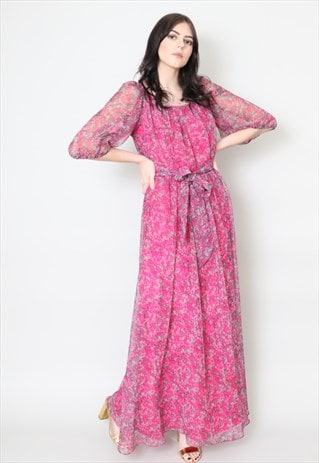 70's Ladies Vintage Pink Sheer Floral Maxi Dress
