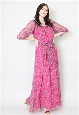 70's Ladies Vintage Pink Sheer Floral Maxi Dress