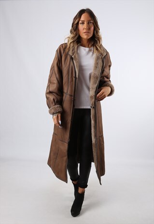 SHEEPSKIN LEATHER SHEARLING LONG COAT UK 14 (LH4F)