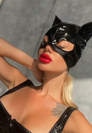 BLACK CATWOMAN MASK WITH EARS HALLOWEEN CAT MASK
