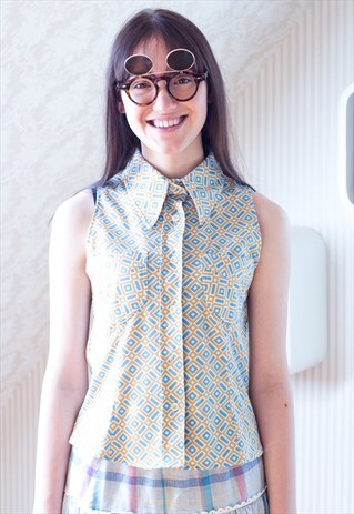 BLUE, BROWN AND WHITE SLEEVELESS BLOUSE