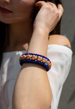 BLUE BEADED HEART BRACELET BANGLE ADJUSTABLE SIZE