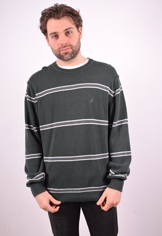 NAUTICA MENS VINTAGE JUMPER SWEATER XL GREEN STRIPE 90S