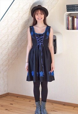 Black cotton dress with blue embroideries