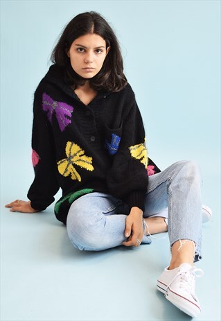 80'S RETRO RIBBON PATTERN KNIT OVERSIZED SLOUCHY JUMPER