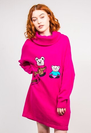 VINTAGE 90'S PINK ROLL NECK TEDDY KNIT JUMPER DRESS