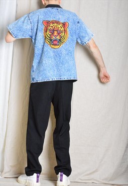 Vintage 60s Blue Acid Wash Tiger Denim Style Mens Shirt