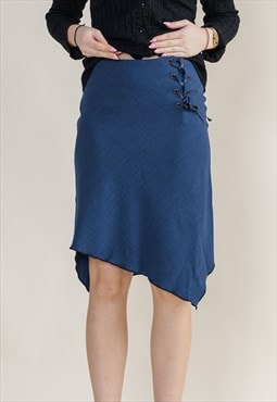 Vintage Y2k Carina Blue Midi Asymmetric Hem Lace Up Skirt 