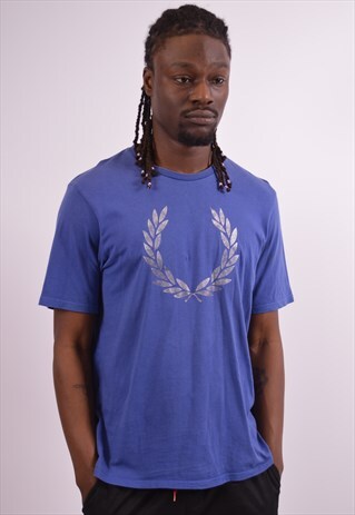 FRED PERRY MENS VINTAGE T-SHIRT TOP LARGE BLUE 90S