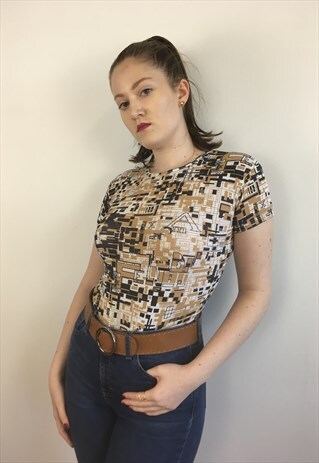 WOMENS VINTAGE FENDI TSHIRT YELLOW PATTERNED TOP MESH SHIRT