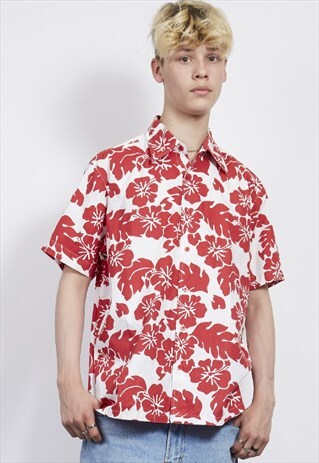 VINTAGE 90'S RED/WHITE FLORAL HAWAIIAN PRINT SHIRT
