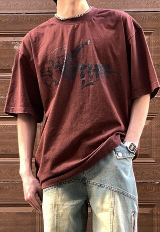 BROWN WASHED GRAPHIC COTTON OVERSIZED T SHIRT TEE