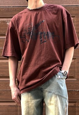 Brown Washed Graphic Cotton oversized T shirt tee
