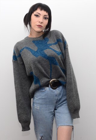 VINTAGE 90'S RETRO GREY ABSTRACT PATTERNED SLOUCHY JUMPER