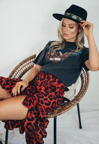 RED LEOPARD PRINT RUFFLE MIDI SKIRT