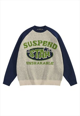Grunge sweater suspend slogan jumper knitted raglan top 