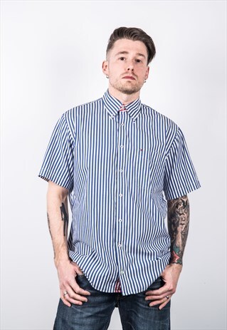 TOMMY HILFIGER VINTAGE 1990S BLUE AND WHITE STRIPED SHIRT