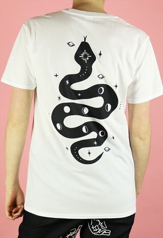 SPACE SNAKE MOON PHASE BACK PRINT T-SHIRT - BLACK ON WHITE